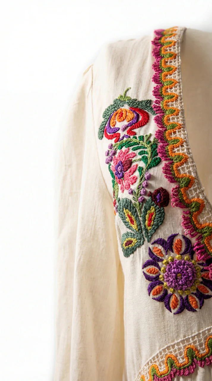 Poncho folk con ricami e nappine - immagine 4