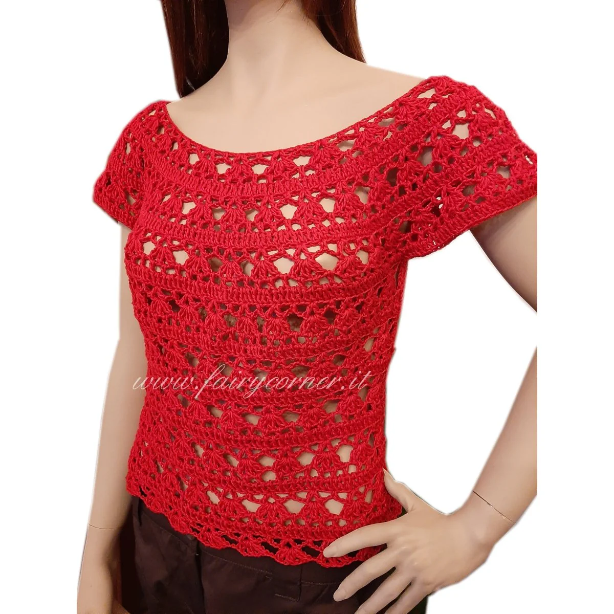 Maglia top pizzo realizzata a mano all'uncinetto in cotone rosso - immagine 2