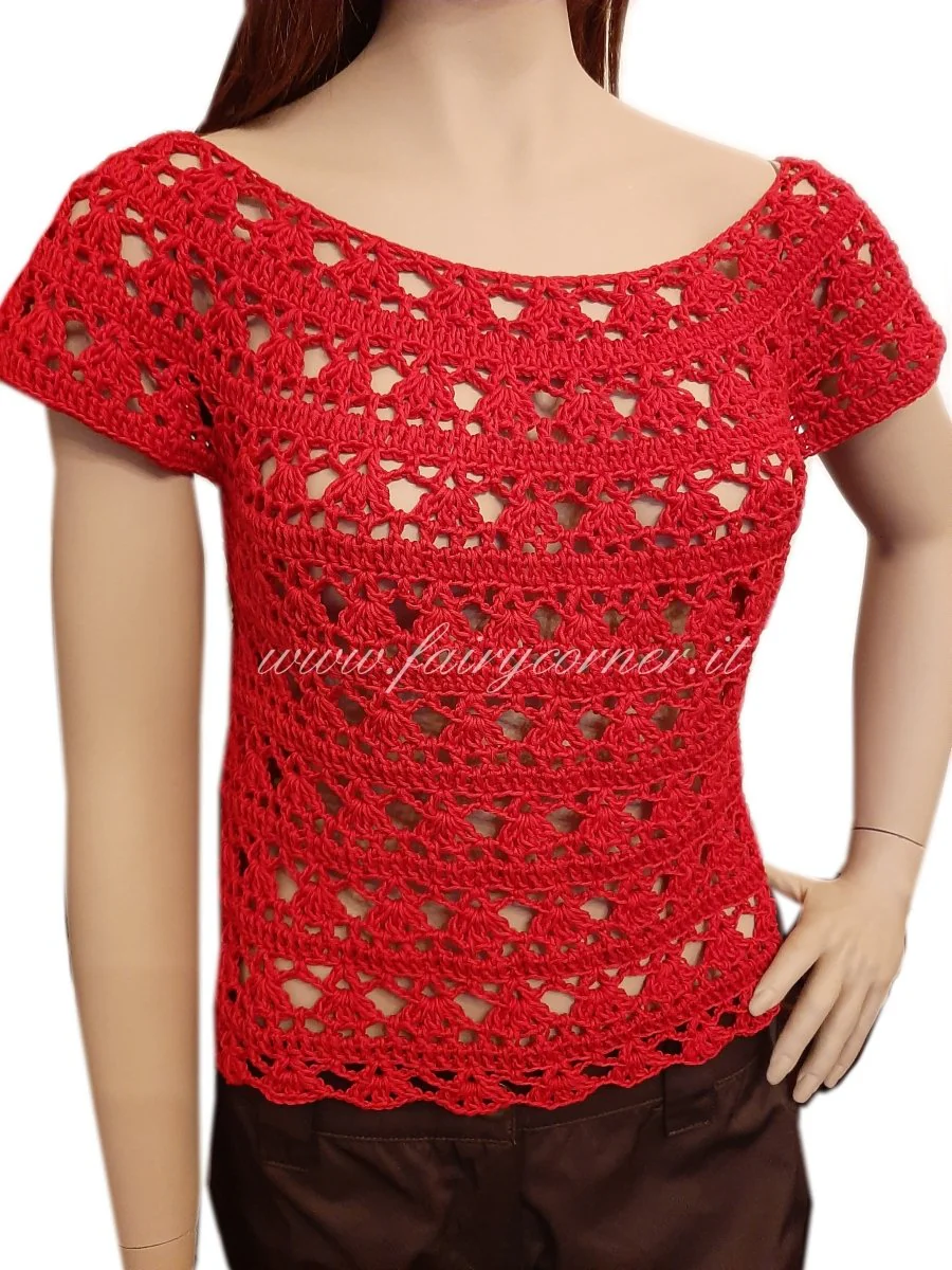 Maglia top pizzo realizzata a mano all'uncinetto in cotone rosso - immagine 3