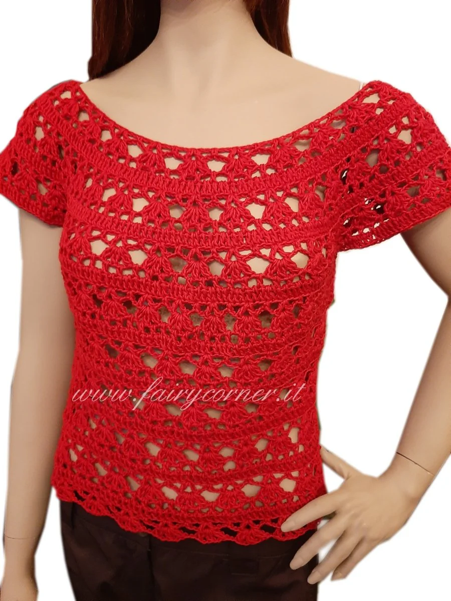 Maglia top pizzo realizzata a mano all'uncinetto in cotone rosso - immagine 4